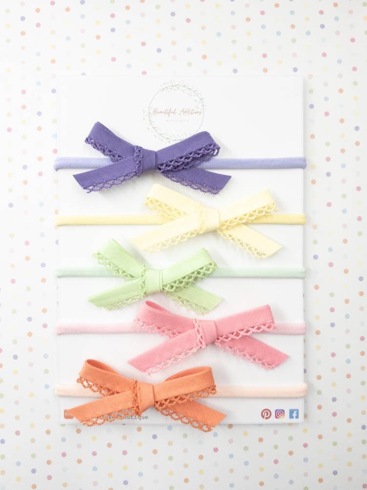 Lace edge ribbon bow headbands. Spring. Easter. Baby headband. Newborn. Christening. Photo shoot. Toddler. Dainty headband.