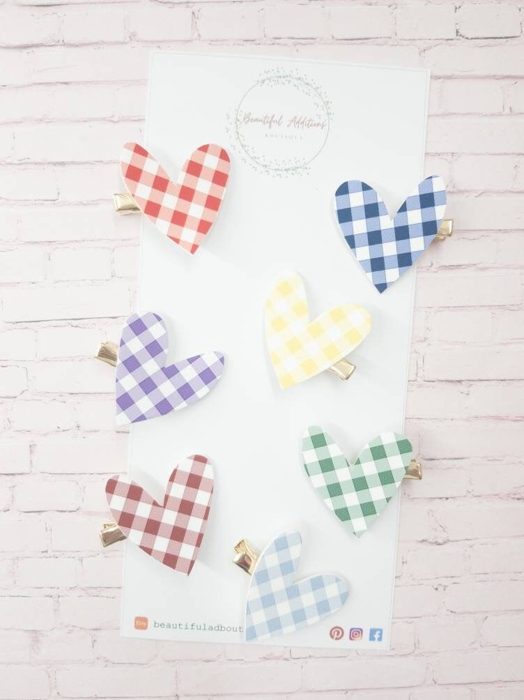 Heart clips. Gingham hearts. Spring accessories. Fringe clips. School uniform colours. Back to school. Summer.