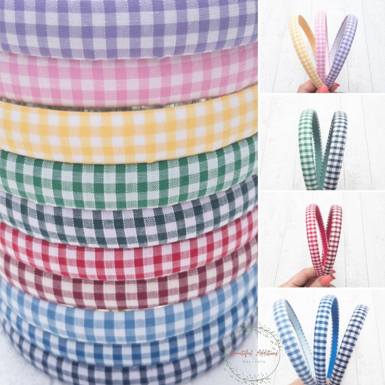 Covered Alice Band. Headband. Gingham hairbands. School colours. Uniform. Hair accessories. Matching accessories available. 1.5cm wide.