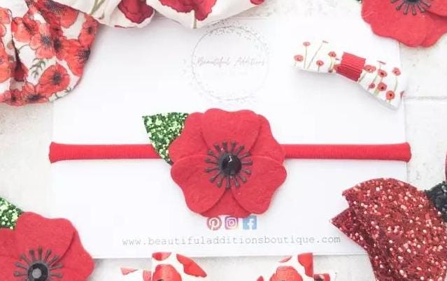 Rememebrance. 50% will be donated. Baby bows. Hair ties. Toddler bows. Poppies. Badges. Clips. Dog poppies.