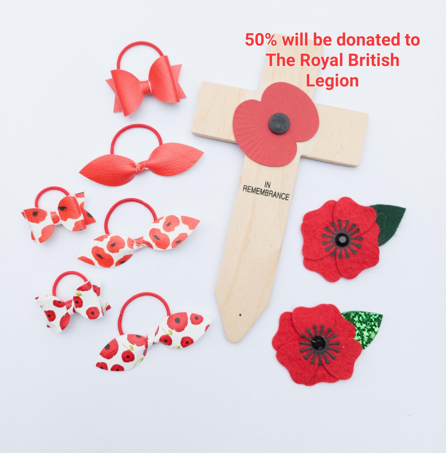 Rememebrance. 50% will be donated. Baby bows. Hair ties. Toddler bows. Poppies. Badges. Clips. Dog poppies.